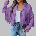 Detailed view of women's purple faux suede jacket with stylish fringe decoration. - Violet
