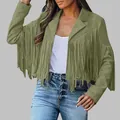 Detail view of women's olive green suede fringe jacket with a classic cropped design - Olive Green