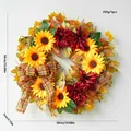 Autumn sunflower wreath featuring red dahlias and a plaid bow for harvest door decor - 50cm / Sunflower Dahlia Style (C)