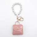 Llavero de mini bolso rosa en cuero PU con patrón de cocodrilo y correa de perlas - Grande (Llavero de Mini Bolso de Perlas) / Rosa