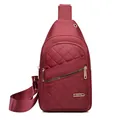 Elegant burgundy quilted nylon sling bag for women with gold zippers and metal brand tag - Style 137 / Burgundy