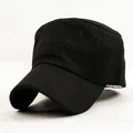 Close-up detail of a classic black flat-top cotton military cap for outdoor sun protection. - Black