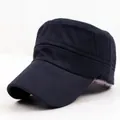 Side profile detail of a classic navy blue minimalist cotton military flat top cap - Navy Blue