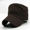 Close-up side view of a classic dark brown cotton flat top military cap for outdoor sun protection - Coffee
