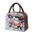Geïsoleerde lunchtas met schattig koeienmotief gemaakt van bruine Oxford-stof. - 3D Puffy Cow / koffiekleur