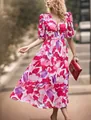 Elegant V-neck floral maxi dress with pink prints and cinched waist for summer. - S / Red (Floral)