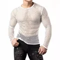 Close-up of men's white long sleeve hollow mesh shirt for breathable summer wear. - White / S