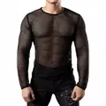 Detail view of men's breathable black mesh long-sleeve t-shirt for trendy streetwear style - Black / S