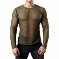 Detail view of men's olive green long sleeve mesh knit shirt with breathable texture. - Army Green / S