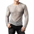 Close-up detail of male summer mesh knit top featuring a breathable hollow-out design - Light Gray / S