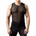 Stilvolles schwarzes hohles Mesh-Tanktop für Herren mit Rundhalsausschnitt für den Sommer - Schwarz / S