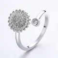 Elegant silver spinning sunflower zircon ring with adjustable open band design for women - Daisy Flower Style