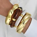 High-end chunky acrylic and gold irregular open bracelet jewelry set for women - Thick Irregular Bangle (6685601HB) / Four-Piece Set / Golden Textured Combo