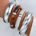 Chunky silver metal bangles and acrylic bead bracelet set for women - Irregular Beaded Bangle Set (6620602HB) / Four-Piece Set / Silver Amber White Combo