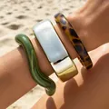 Set of three acrylic bangles featuring leopard print, wavy green and silver designs. - 6109533416063 / Leopard Print Mix Style Bangle Set (6762601HB) / Green/Silver/Leopard Combo