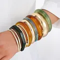 Stacked acrylic and gold metal irregular bracelet set with minimalist high-end design - 6109533416066 / Acrylic & Metal Mixed Bangle Set (6749901HB) / Amber/Green/Blue/Gold Combo