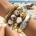 Stylish bohemian acrylic irregular bangle set with gold accents and marble patterns - Multi-layer Beaded Splicing Style (6746901HB) / Amber Brown Cream White and Gold Combo