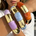 Statement chunky acrylic bangles set featuring marbled texture and gold-tone accents - Spliced Marble Pattern Style (6749101HB) / Lavender Light Blue and Bright Orange Combo