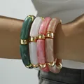 Multi-color acrylic tube bracelet set with gold-tone spacers for a modern minimalist look - Tubular Spacer Bead Style (6756401HB) / Dark Green Pearl White and Soft Pink Combo