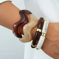 Bold acrylic irregular wavy bangle and bamboo style bracelet set for women, brown and white. - Bamboo-joint Curved Bangle (6685201HB) / Set of 4 / Brown White Gold Combo