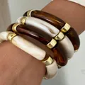 Elegant set of three acrylic tube bracelets with tortoiseshell and marble patterns - Bamboo-joint Bangle (6684801HB) / Set of 4 / Dark Brown Cream Combo