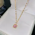 Exquisite golden clavicle chain with a square pink zircon pendant for women - Pink