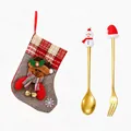 Christmas cutlery set with snowman spoon, Santa hat fork, and elk stocking gift bag - Grey Bag Snowman/Hat / Two-Piece Set / Gold