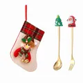 Christmas stocking gift bag with gold spoon and fork set featuring Santa and tree - Pink Bag Tree/Santa / Two-Piece Set / Gold