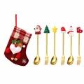 Set of 6 Christmas themed golden spoons and forks with red felt gift stocking bag - Red Bag Type A / Set of 6 / Gold
