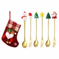 Christmas cutlery set with spoons and forks featuring festive characters and a red stocking - Red Bag Type B / Set of 6 / Gold