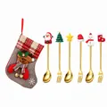 Christmas gold dessert spoon and fork set with festive figurines and a gift stocking - Grey Bag Type A / Set of 6 / Gold