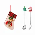 Festive Christmas stainless steel spoon and fork set with decorative red plaid stocking bag - Pink Bag Tree/Santa / Two-Piece Set / Silver