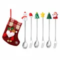 Christmas stainless steel spoon and fork set with Santa and Snowman cartoon toppers - Red Bag Type B / 6-Piece Set / Silver