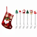 6-piece Christmas dessert fork set with cute toppers and a festive stocking bag - Red Bag Type D Full Fork / 6-Piece Set / Silver