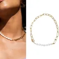 Close-up of 18k gold plated paperclip chain necklace with natural freshwater pearls. - Necklace - Style F