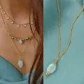18k gold plated titanium steel layered necklace with light green stone pendants - Necklace - Style M