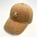 Plush brown baseball cap with pearl bear and rhinestone chain detail for winter season. - Adult Size (Adjustable 58cm) / Brown