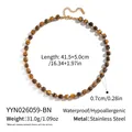 Macro view of tiger eye stone necklace with stainless steel chain details and measurements. - Tiger Eye (YYN026059-BN)