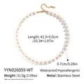 Detail of natural stone bead necklace with gold stainless steel chain and size info. - White Crystal / White (YYN026059-WT)