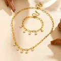 Gold plated stainless steel necklace and bracelet set with clear zircon charms on sand - White Rhinestone Necklace And Bracelet (F306-O809) / Gold