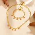 Detailed view of gold plated stainless steel jewelry set with pink stones charms - Pink Rhinestone Necklace And Bracelet (F306-O809) / Gold