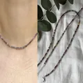 Handmade minimalist multicolored natural stone beaded necklace on model and white fabric - Necklace / 38+5cm / Colorful