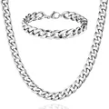 Close-up of silver titanium steel Cuban link chain necklace and matching bracelet set. - 18cm / Bracelet / 10mm Width / Silver