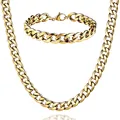 High-quality chunky gold-plated titanium steel Cuban link chain necklace and bracelet set - 18cm / Bracelet / 7mm Width / Gold