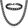 Detail view of the black titanium steel Cuban link chain necklace and bracelet jewelry set. - 18cm Bracelet / 10mm Width / Black
