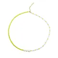 Handmade seed bead necklace with white freshwater pearls in yellow and white split design - Short Choker Length / Amber White