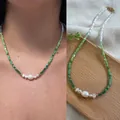 Handmade necklace with natural freshwater pearls and vibrant green seed beads for women. - Short Choker Length / Green White Pearl