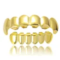 Detailed macro view of gold-plated hip-hop vampire fang teeth grillz set for Halloween costumes - Style 15 / Set / Gold