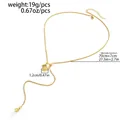 Detailed view showing dimensions of adjustable stainless steel geometric cube pendant long necklace - Snake Chain Cube Y-Necklace / Light Gold (07663)