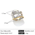 Bague ajustable en acier inoxydable avec bords dorés 18K, poids 4,6g, design vague - Réglable / Style texturé à ourlet large (JZ-YS597) / Bicolore (Or et Argent)